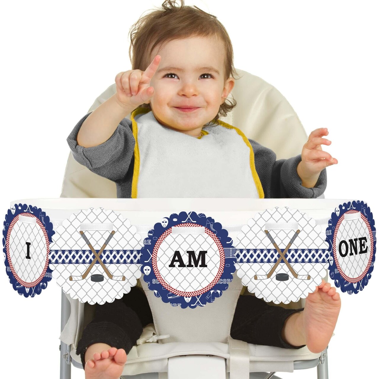 Big Dot of Happiness Shoots and Scores - Hockey 1st Birthday Highchair Decor - I Am One - First Birthday High Chair Banner